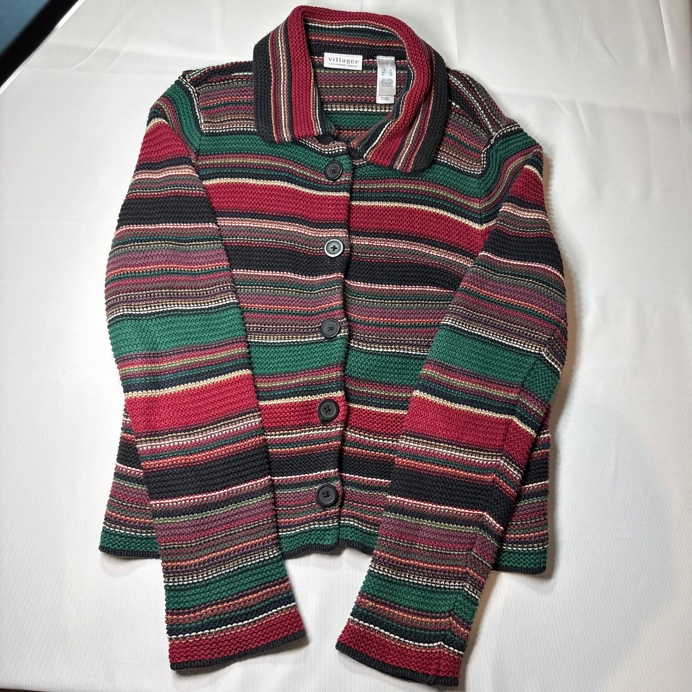 Vtg Villager Cardigan‎ Sweater Womens XL Multicolor Striped Button Liz Claiborne